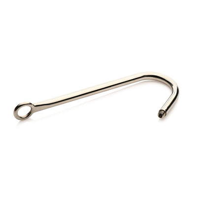 Silver stainless steel anal hook with an O-ring and threaded end for attaching plugs, shown on white background.