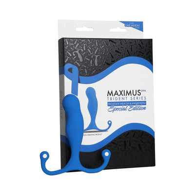 Blue Aneros Maximus Syn Trident Special Edition prostate stimulator displayed in front of its black and white packaging.