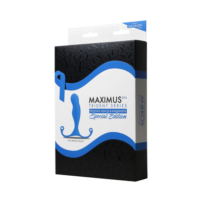 Packaging box of Aneros Maximus Syn Trident Special Edition prostate stimulator in blue with prostate health awareness design.