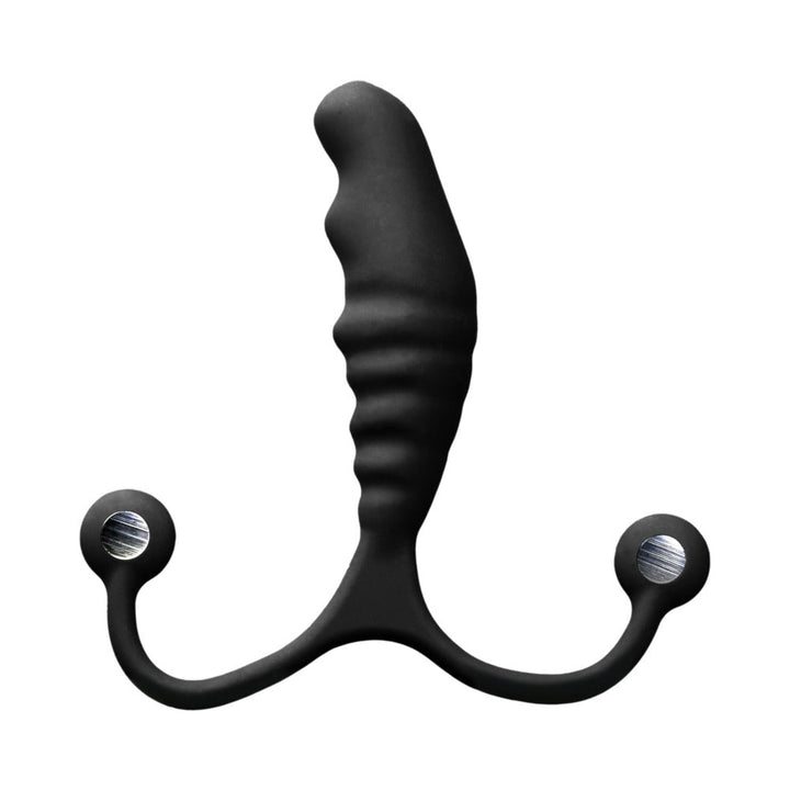 Black ergonomic prostate massager with textured shaft and curved perineum arms, designed for advanced users.