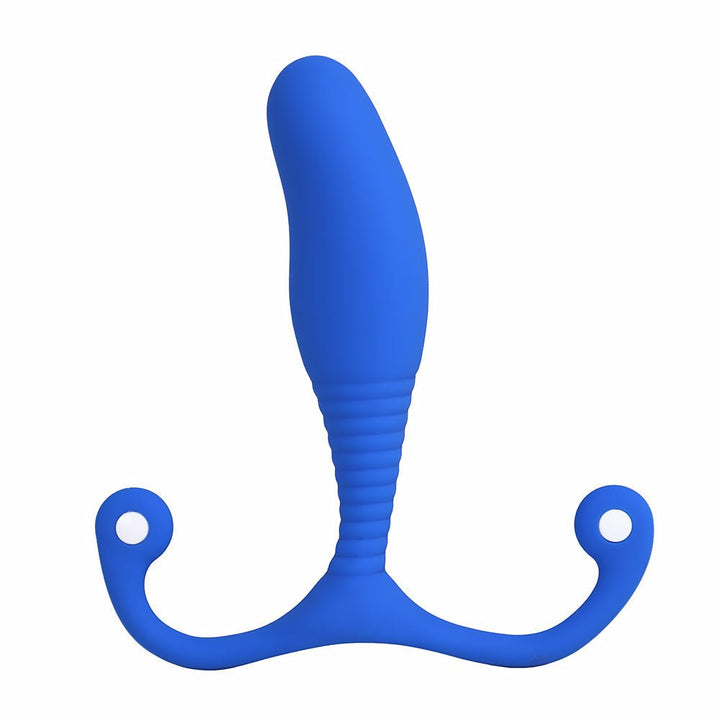 Blue silicone Aneros MGX Syn Trident prostate stimulator with ergonomic curved design and dual handles.