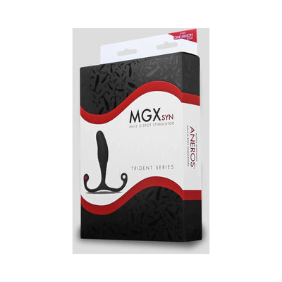 Packaging box of Aneros Trident Series MGX Syn black male G-spot prostate stimulator with red and black design accents.