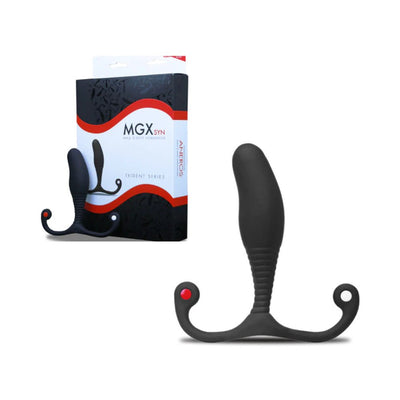 Black Aneros Trident Series MGX Syn prostate stimulator with ergonomic design and packaging box.