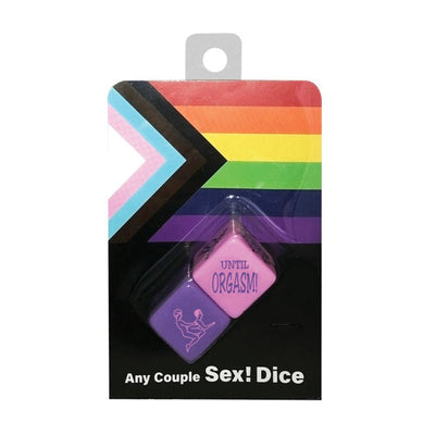 Any Couple Sex Dice game set with purple and pink dice in rainbow pride packaging.