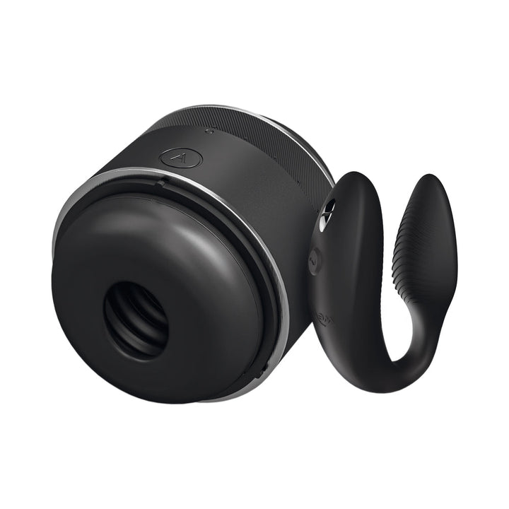 Black Arcwave Double The Fun set featuring a compact stroker with tightness adjustment and a flexible C-shape vibrator with remote control.