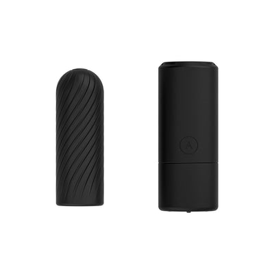Arcwave Ghost Black reversible textured silicone stroker sleeve with sleek black storage case side by side on white background.