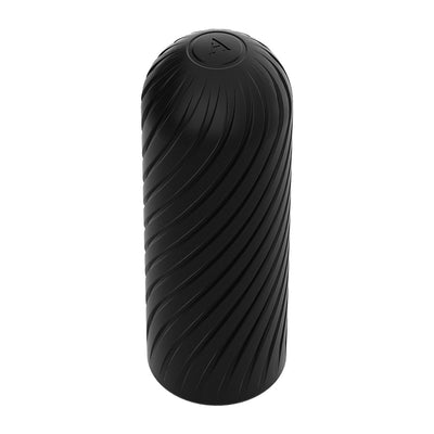 Black cylindrical Arcwave Ghost textured stroker with spiral ridged design and discreet logo on top.