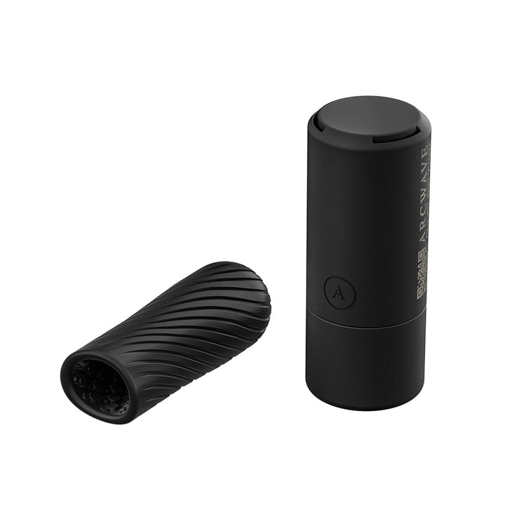 Arcwave Ghost Black reversible textured silicone stroker with sleek black storage case on white background.