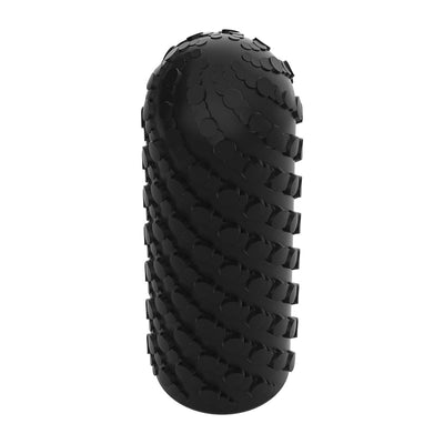 Black textured silicone sleeve with spiral ridges and raised circular patterns for varied sensations.