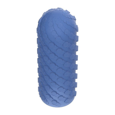 Blue textured silicone sleeve with raised circular ridges in a spiral pattern for varied sensations.