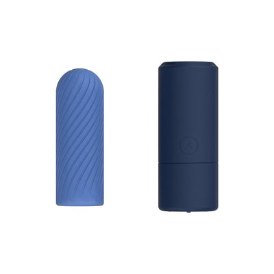 Blue textured silicone sleeve and matching dark blue cylindrical storage case for Arcwave Ghost Blue stroker.