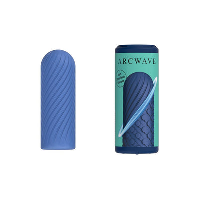 Blue textured Arcwave Ghost reversible silicone stroker with matching branded storage case.
