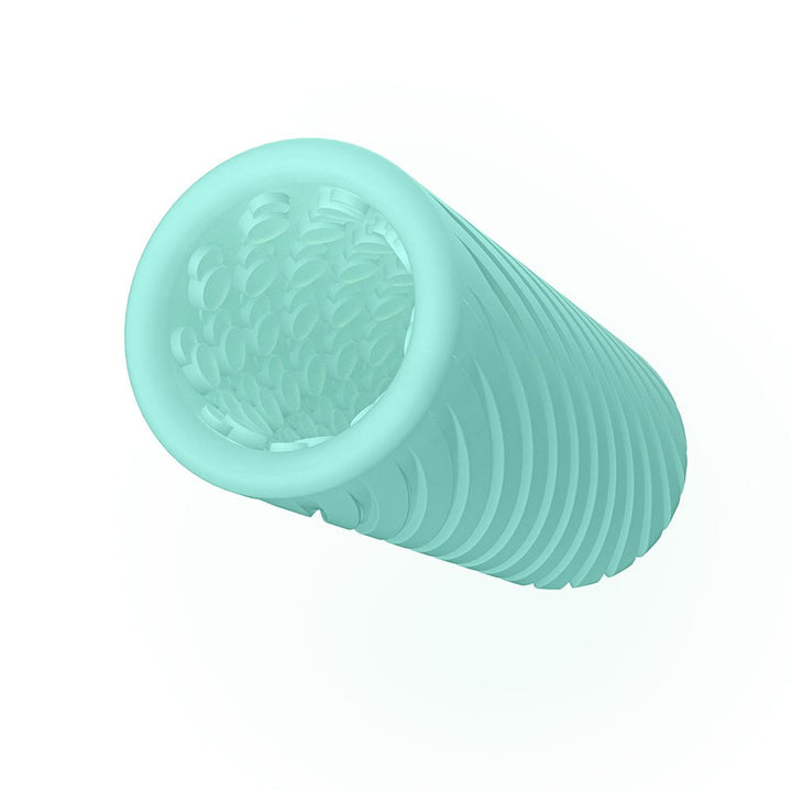 Light blue textured silicone sleeve with ridged exterior and patterned interior for varied sensations.