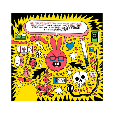 Colorful cartoon cover with a pink bunny and chaotic symbols illustrating feeling overwhelmed after consuming too much cannabis.