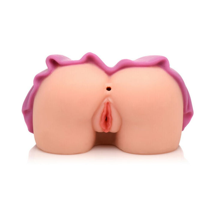 Pink mini skirted dual-hole masturbator toy with realistic texture and soft TPE material.