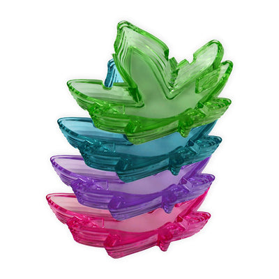 Stacked translucent potleaf-shaped ashtrays in green, blue, purple, and pink colors on a white background.