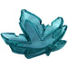 Stack of translucent blue glass ashtrays shaped like pot leaves with notches for resting smoking items.