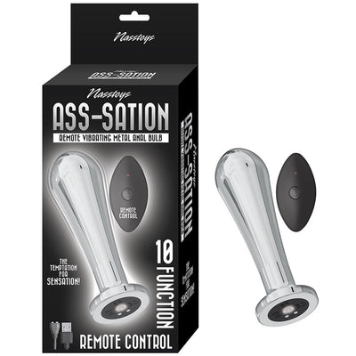 Silver metal anal bulb with remote control and black packaging for Ass-sation remote vibrating metal anal bulb.
