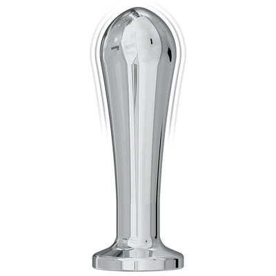 Silver metal anal bulb plug with a smooth, tapered shape and wide base for comfortable use.