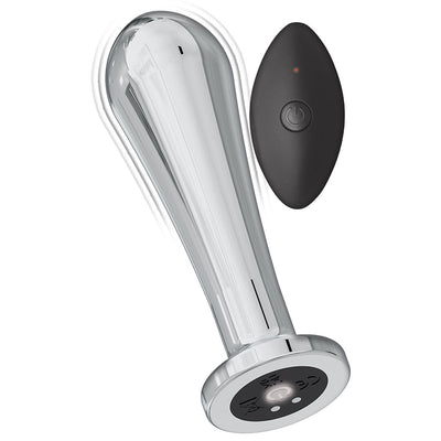 Silver metal vibrating anal bulb with a black oval remote control featuring a power button and LED indicator.