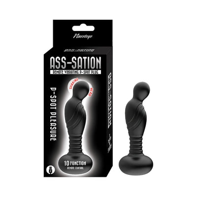 Black remote-controlled vibrating P-spot plug with textured shaft and rounded base displayed next to its packaging box.