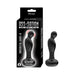 Black remote-controlled vibrating P-spot plug with textured shaft and rounded base displayed next to its packaging box.