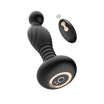 Black silicone vibrating P-spot plug with textured stem and remote control for hands-free prostate stimulation.