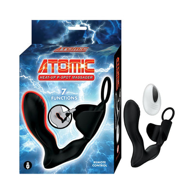 Black Atomic Heat Up P-spot massager with remote control and packaging featuring lightning design and 7 vibration functions.