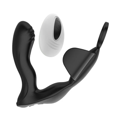 Black ergonomic prostate massager with attached cock ring and white remote control on white background.