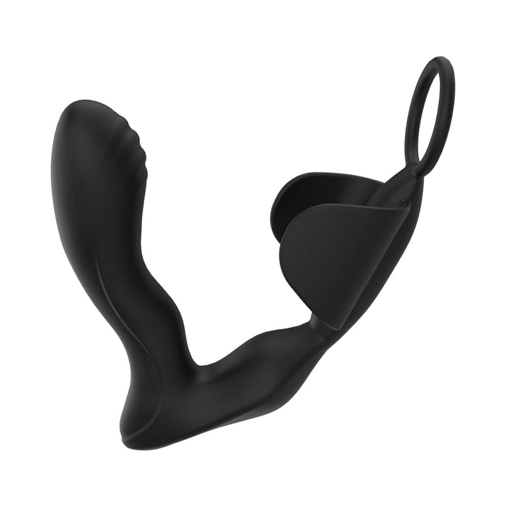 Black ergonomic prostate massager with attached cock ring and ball-cradling wings, designed for targeted stimulation.