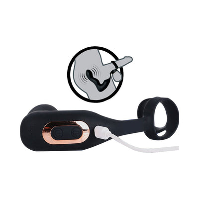 Black inflatable P-spot vibrator with attached cock ring and USB charging cable, shown with usage illustration.