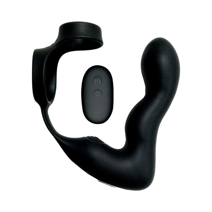 Black inflatable P-spot vibrator with attached rings and wireless remote control on white background.