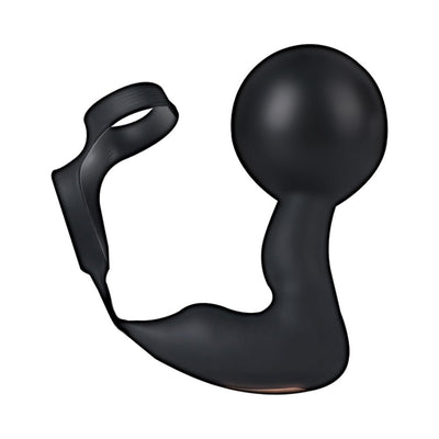 Black inflatable P-spot vibrator with attached cock and scrotum rings and ergonomic curved design.