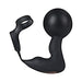 Black inflatable P-spot vibrator with attached cock and scrotum rings and ergonomic curved design.