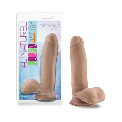 7-inch realistic dildo with flexible spine and suction base, shown in packaging and standalone, skin tone color.