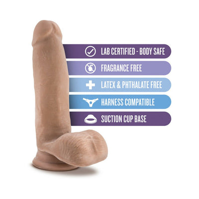 Realistic 7-inch flesh-tone dildo with suction cup base and features listed including body safe, fragrance free, and harness compatible.