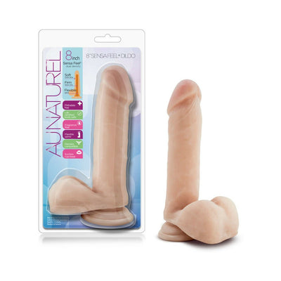 8 inch Au Naturel Sensa Feel dual density dildo with flexible spine and suction cup base, shown in packaging and standalone.