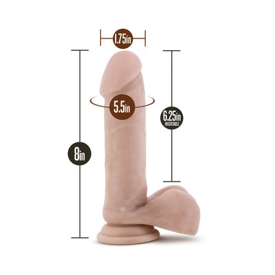 8 inch realistic dual-density dildo with flexible base and detailed measurements shown on a white background.