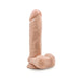 Realistic 9.5 inch flesh-toned dildo with textured surface and suction cup base for hands-free use.