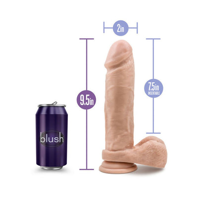 9.5 inch realistic dildo with suction cup base next to a soda can for size comparison and measurement details.