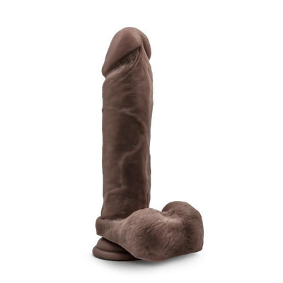 Realistic 9.5 inch brown dildo with textured surface and strong suction cup base for hands-free use.