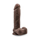 Realistic 9.5 inch brown dildo with textured surface and strong suction cup base for hands-free use.