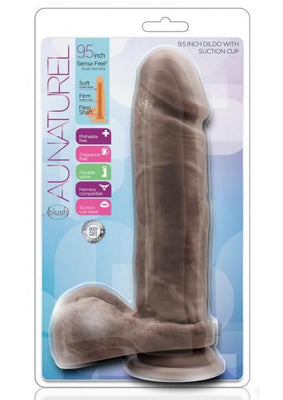 Au Natural 9.5 inch realistic dildo with suction cup base in translucent brown packaging.