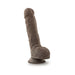 Realistic 9-inch brown dildo with textured surface and suction base for hands-free use.