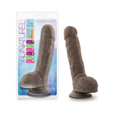 9 inch realistic textured dildo with flexible spine and suction cup base, shown in packaging and standalone view.