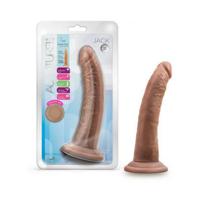 Au Naturel Jack 7 inch realistic dildo with suction cup base in brown, shown in packaging and standalone.