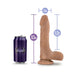 Blush Au Naturel Mister Perfect dildo in natural tone with size dimensions next to a purple Blush can for scale.