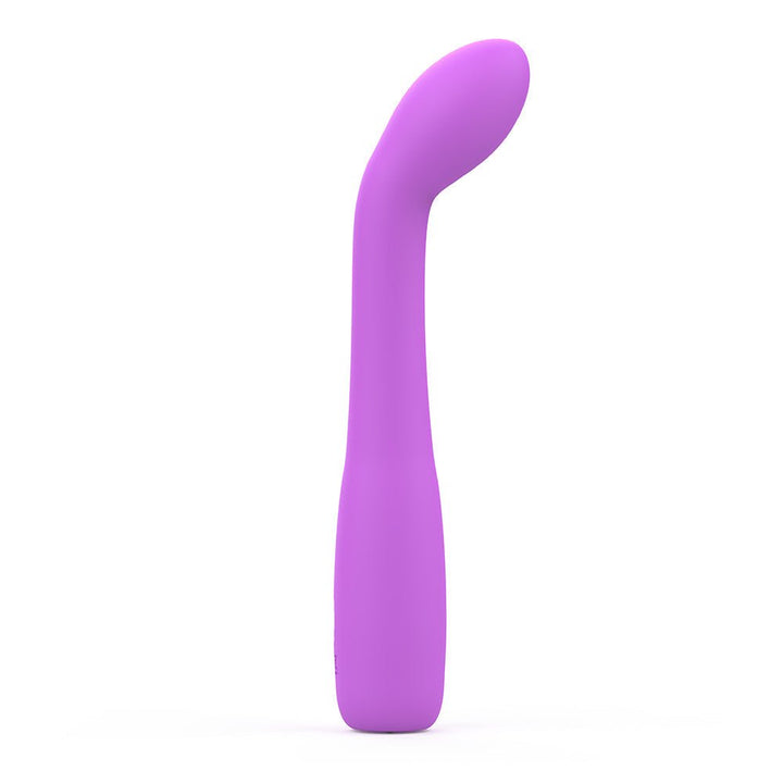 Sleek lavender silicone personal massager with curved tip and smooth ergonomic design.