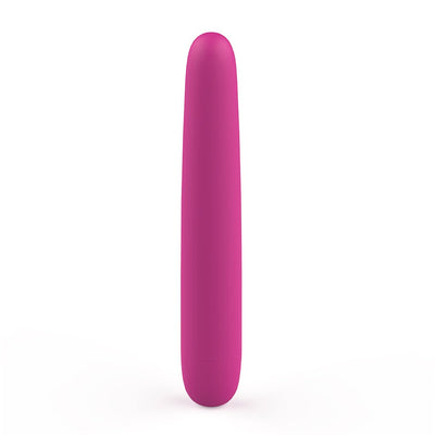 Sleek magenta silicone vibrator with smooth, minimalist design and rounded tip standing upright on white background.