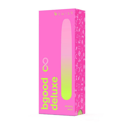 Bright pink box packaging for B Swish Bgood Deluxe Infinite vibrating wand with green and yellow gradient design.